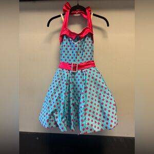 Weisman intermediate sm ch dance costume dress polka dots aqua red hat gloves